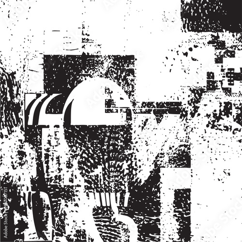 A distressed abstract helmet dominates a fragmented white and black composition.