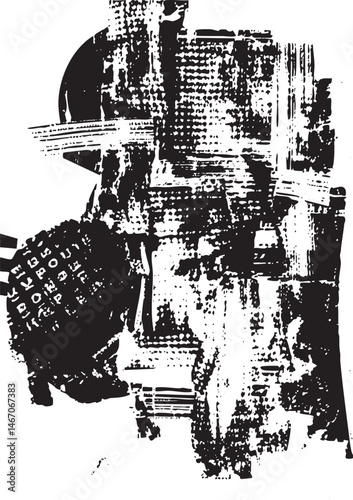 A distressed monochrome showcases a fragmented industrial structure.