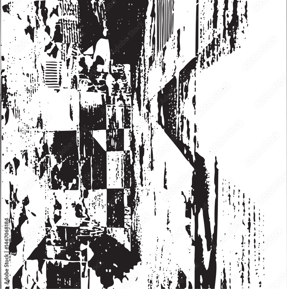 A fragmented distressed black and white abstract composition. A fragmented distressed black and white abstract composition.