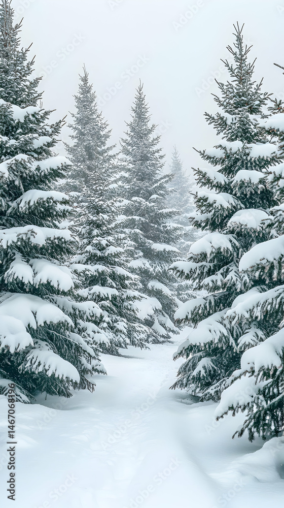 Obraz premium Snow-covered evergreen trees line a path through a misty winter forest