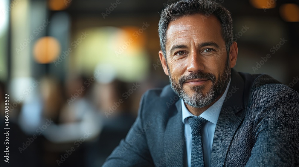 Confident and professional middle-aged man wearing a suit, smiling, seated in a modern café with a blurred background Confident and professional middle-aged man wearing a suit, smiling, seated in a modern café with a blurred background