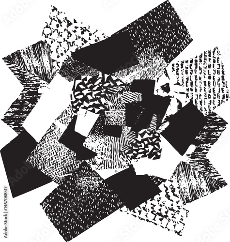 Black and white geometric shapes overlap and intersect on a white background.