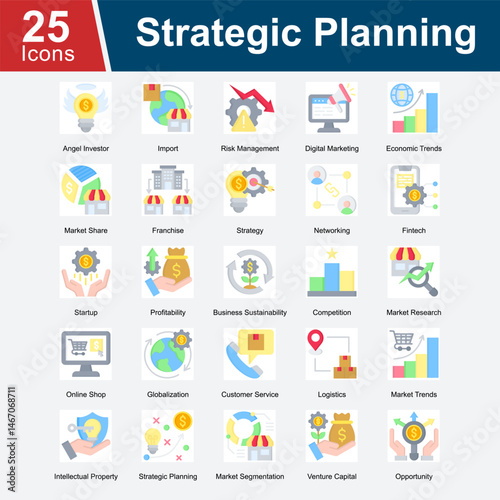 Strategic Planning is a collection of icons highlighting key elements in business strategy, including investment, risk, competition, growth, marketing, and long-term vision for success. 