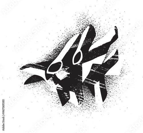 A stylized dark silhouette of a creature emerges from an abstract background.
