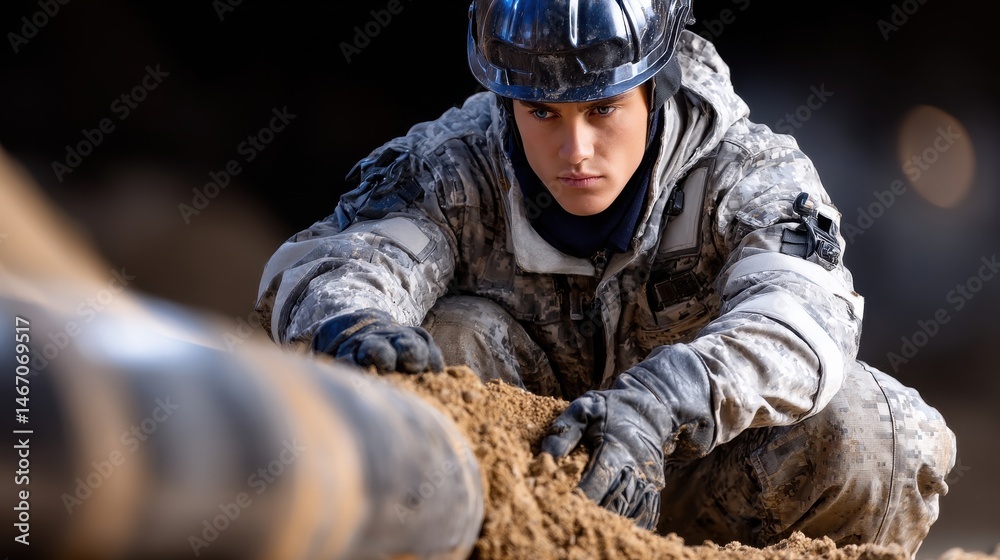 A woman in a military uniform is kneeling in the sand and touching a pipe A woman in a military uniform is kneeling in the sand and touching a pipe