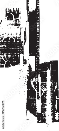 A fragmented textured silhouette of a human figure emerges from a chaotic background.