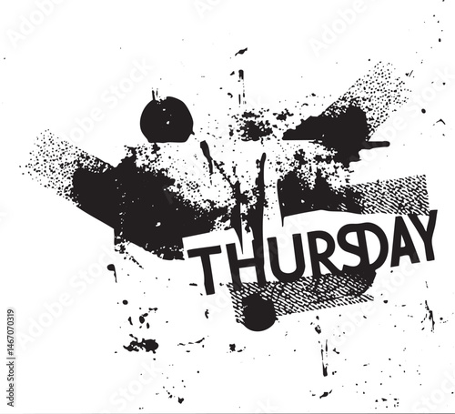 Black splatters and the word 'Thursday' are layered on a white background.