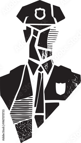 A stylized silhouette of a police officer in geometric shapes.