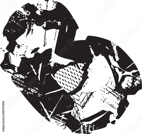 A stylized black and white silhouette of a helmet with intricate detailing.