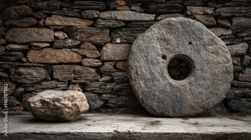 A stunning image of stone wheel and small rock reside against a stone wall.