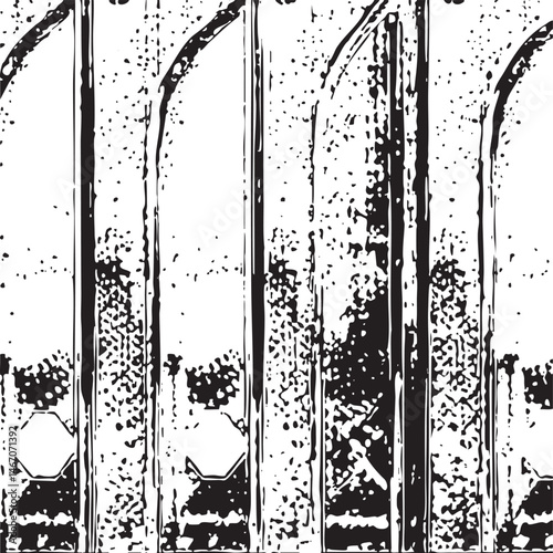 Tall dark arches frame a textured wall of vertical lines.