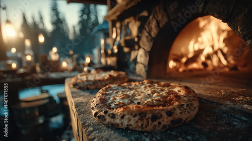 A mouthwatering scene featuring two freshly baked pizzas near a blazing wood-fired oven, inviting warmth.