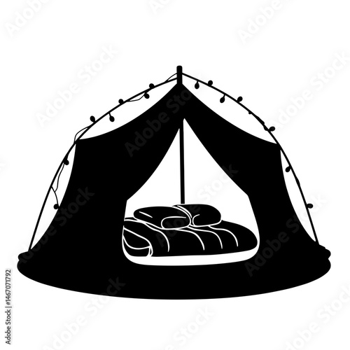 Silhouette of tent-style pod with blankets and string lights on white background, sleep tourism and open-air accommodation concept