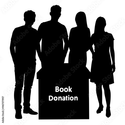 Silhouette of diverse people and book donation box on white background, community and education support concept