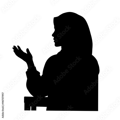 Silhouette of girl in hijab raising hand, black and white, education and empowerment concept