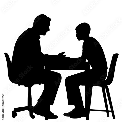 Silhouette of elderly person studying with young student on white background, intergenerational learning and education concept