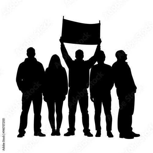 Silhouette of group holding banner on white background, volunteerism and unity concept