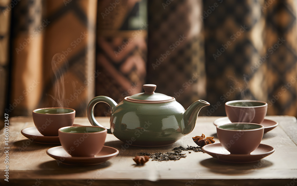 Obraz premium Moody Still Life of Traditional Tea Ceremony with Rustic Clay Pottery