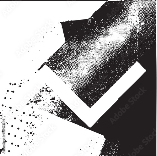 A stark diagonal white shape intersects a darker gray area with scattered black dots.