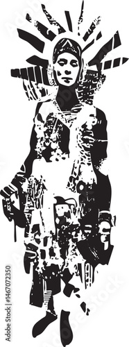 A solitary figure stands amidst radiating lines against a stark background.