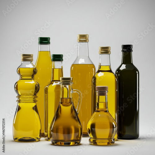 Various glass oil bottles in different shapes and sizes on a light gray background. Collection of cooking oils in different bottle styles for food packaging and marketing.