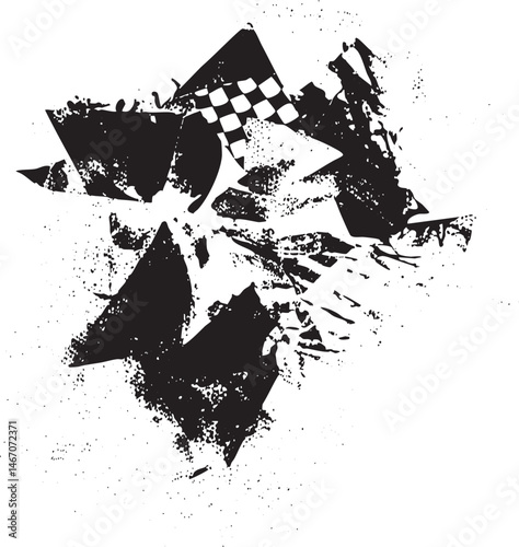 Fragmented racing flags create a dynamic chaotic composition.