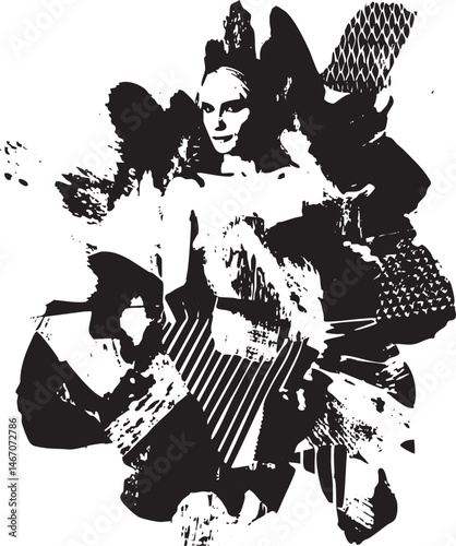 A woman with a striking headpiece gazes intently at the viewer.