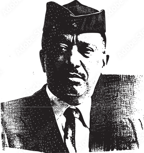 A distinguished man in a military cap gazes intently forward.