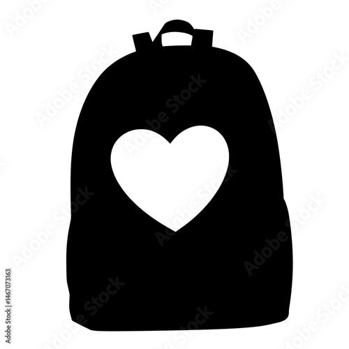 Silhouette of Heart Icon in Child’s Backpack, Black and White on White Background, Symbolizing Love and Care in Education