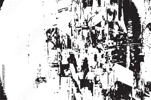 Abstract black and white of chaotic textured shapes.