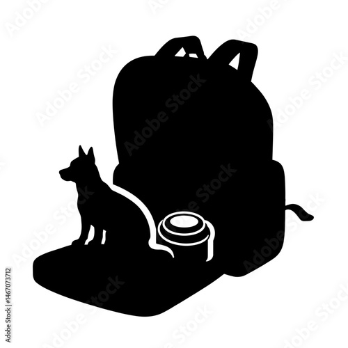 Silhouette of travel backpack with pet food compartments, black and white, pet-friendly travel concept