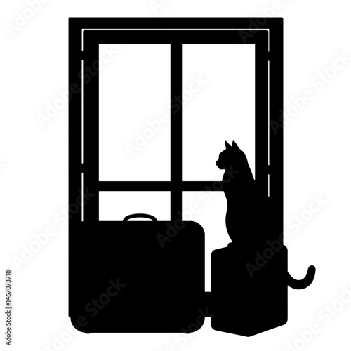 Silhouette of cat on suitcase by window, black and white, travel and pet-friendly holidays concept