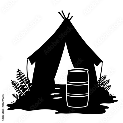 Silhouette of Rainwater Barrel and Tent with Ferns, Black and White Eco-Glamping Concept