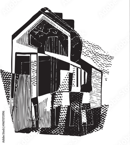 A stylized black and white of a charming cottage nestled within a textured ground.