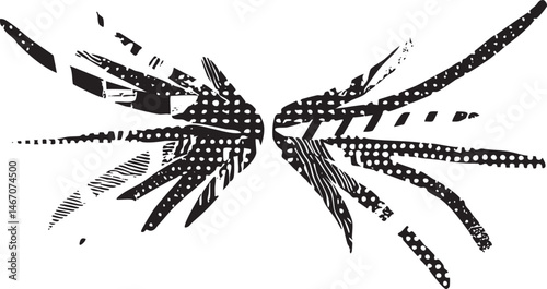 A stylized black and white depicts a fractured bird’s wing.