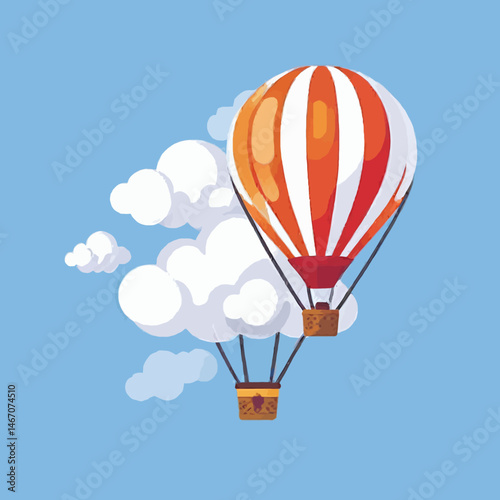 Cartoon Hot Air Balloon Flying In Blue Sky With Clouds