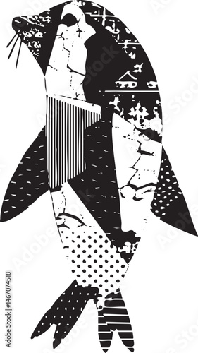 A stylized penguin silhouette with geometric and textured details.