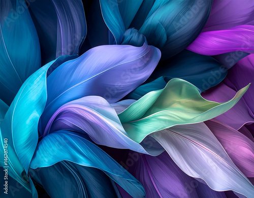 Abstract depiction of vibrant, overlapping flora. The leaves create a dynamic and layered design with an intriguing blend of hues.