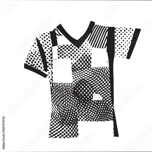 A stylized shirt is constructed from a collage of geometric shapes and .