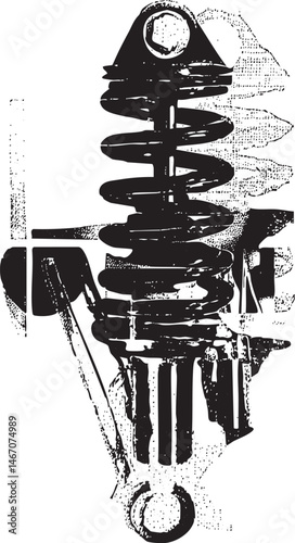 A black and white showcases a coiled suspension spring.