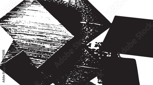 A fragmented geometric shape dominates the  composed of sharp angles and overlapping planes.