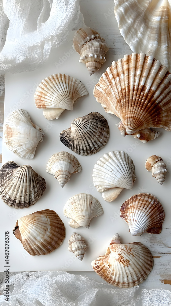 An assortment of seashells in varying sizes and shades of beige and brown, artfully arranged on a light surface An assortment of seashells in varying sizes and shades of beige and brown, artfully arranged on a light surface