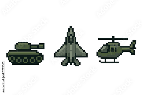 Pixel art military vehicles: tank, fighter jet, helicopter on light background