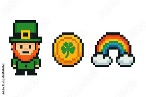 Pixel art leprechaun: symbol of luck with coin and rainbow