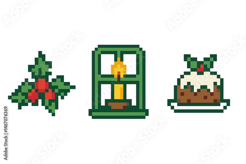 Pixel art christmas elements with holly, candle, and pudding