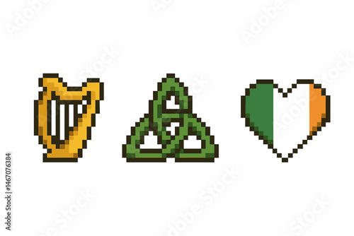 Pixel art symbols: irish harp, celtic knot, heart flag