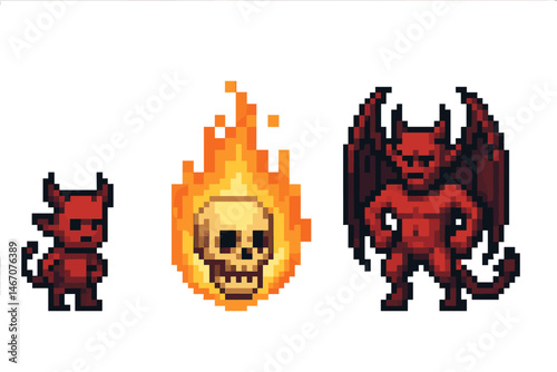 Pixel art: demons, fireball, and skull fantasy illustration