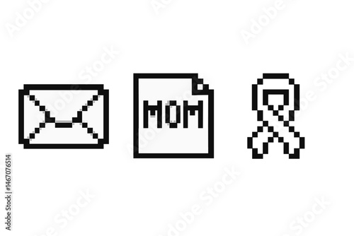 Pixel art icons: envelope, mom note, awareness ribbon on gray background