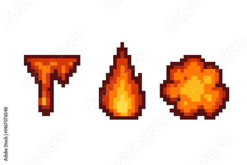 Pixelated fire, explosion, lava icons on gradient background