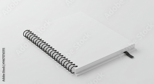 Blank white spiral-bound notebook with black binding, angled on a white surface. Empty notebook resting on a plain background, ready for mockup or branding use.
